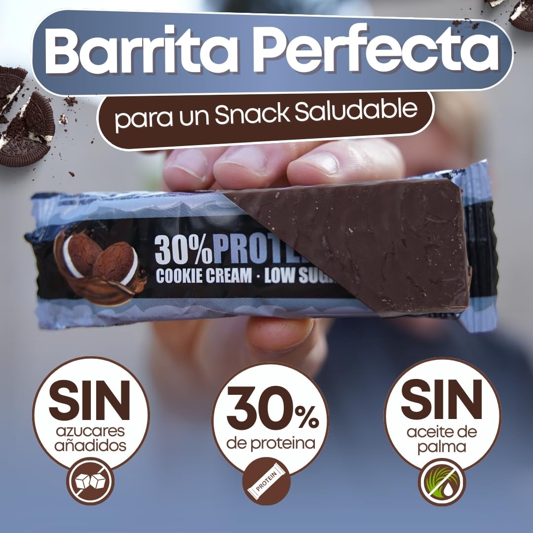 Barritas Proteina 30% Sabor Cookies & Cream – Barritas Proteínas Sin Azúcar – Snack Alto en Proteína para Gym o Trabajo – Pack 15 Unidades – Protein Bar Baja en Azúcar