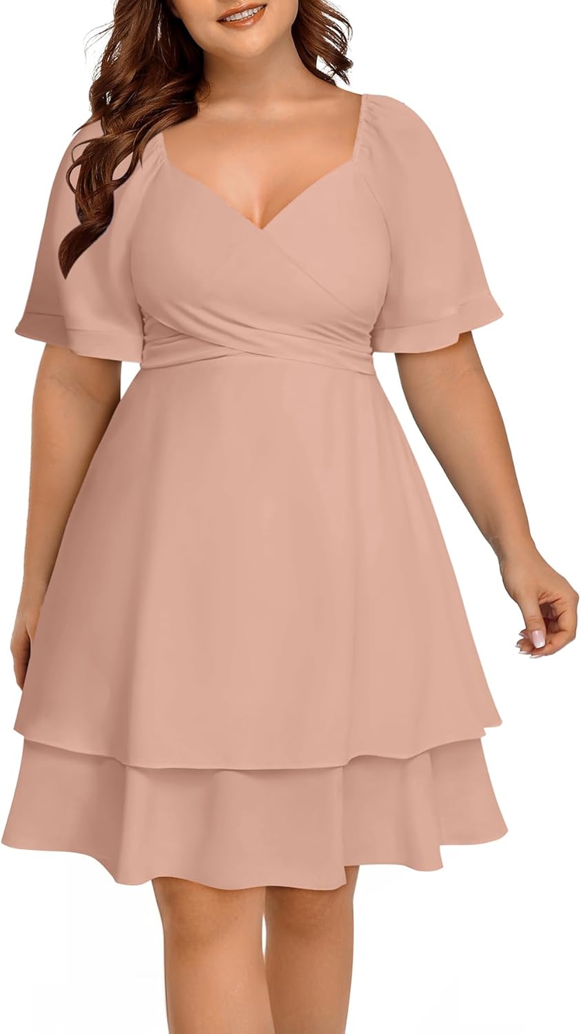 Pinup Fashion Women Graduation Dress Plus Size - Wedding Guest Summer Wrap V Neck Ruffle Knee Length Dresses
