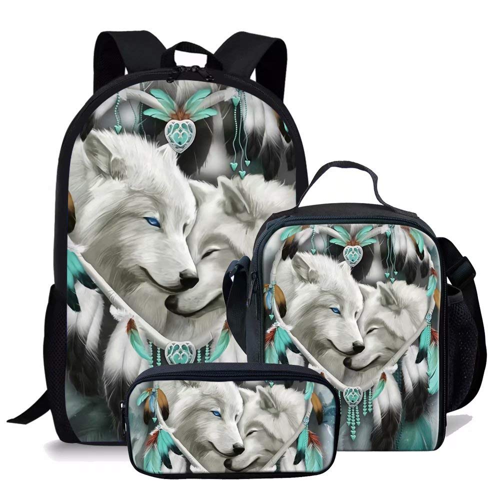 Mochila Escolar Infantil Con Diseño De Galaxia Y Animales - Set De 3 Piezas (lobo, Mochila, Lonchera, Estuche) - Para Niños Y Niñas