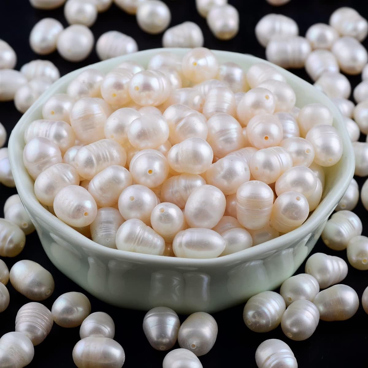 Pearls Beads for Jewelry Making 100pcs 7-8mm Natural Genuine Real Freshwater Cultured Pearl White Rice Oval Loose Gemstone Bead Holes 0.7mm Crafts Necklaces Bracelets Earrings (White, 7-8mm)