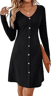 MYCOLORBLUE Women's Knitted Dresses A Line Dresses V-Neck Long Sleeve Decorative Button Striped Vintage Daily Mini Dress
