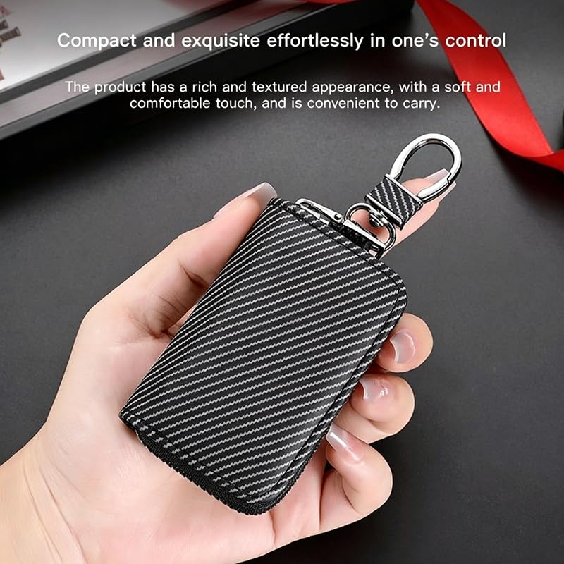 Étui Clé Voiture pour Ford Mustang Mach-E avec Fermeture Éclair Housse Protection Clé Simili Cuir Aspect Carbone Pochette Sacoche avec Mousqueton Métallique Anti Rayure