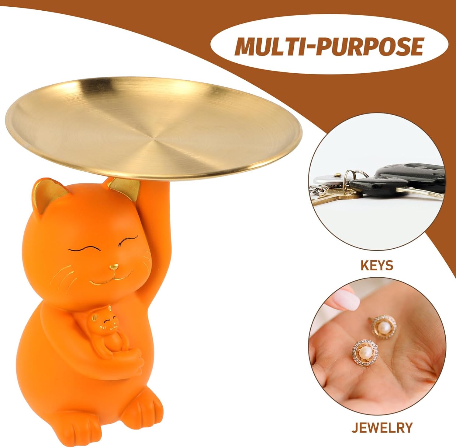 Cabilock Golden Orange Metal Cat Tray, Multi-Functional Decorative Home Decor, Key Holder, Desktop Adornment