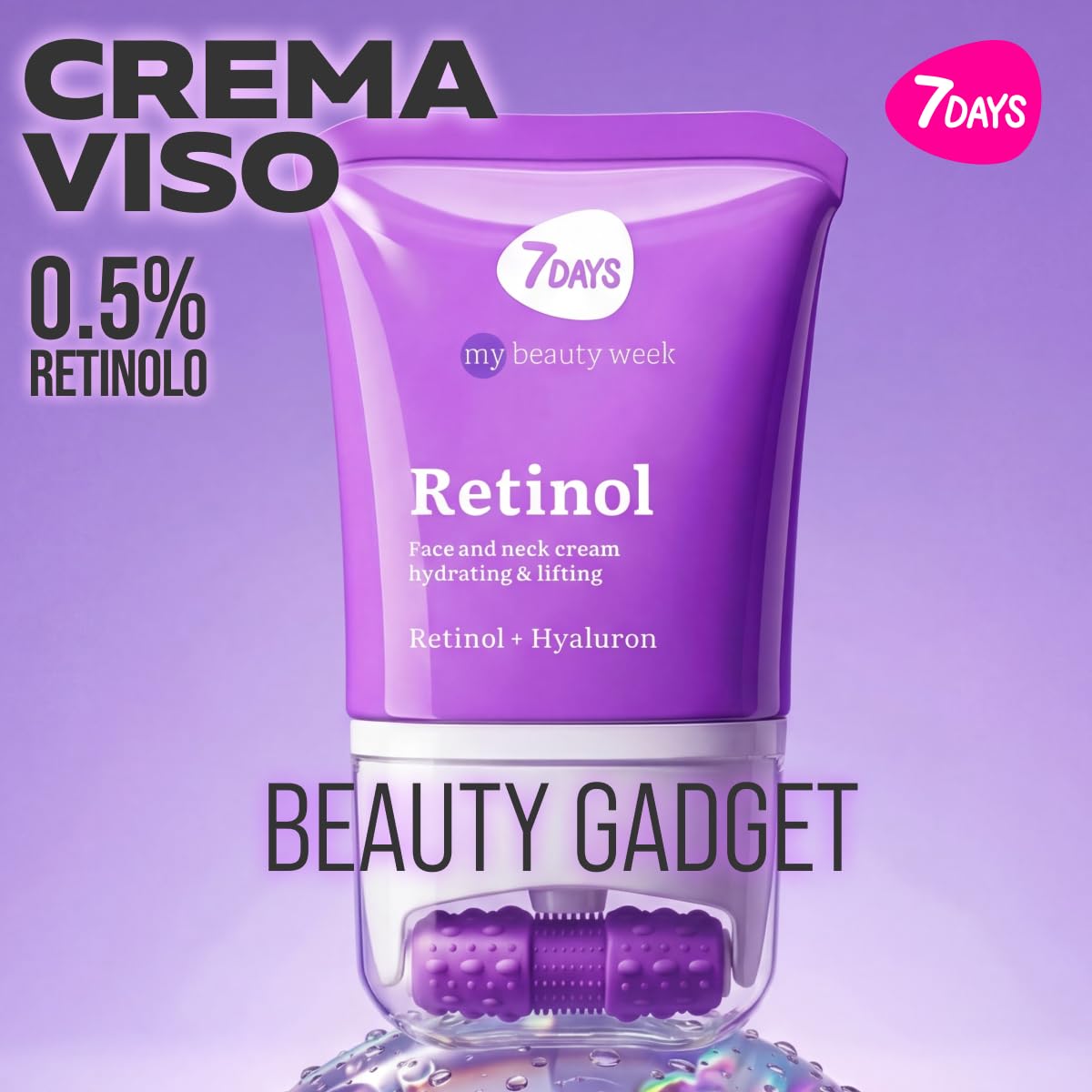 7DAYS Crema Viso e Collo Coreana Antirughe al Retinolo con Rullo Massaggiante – Effetto Lifting Rassodante e Compattezza, Azione Levigante, per Rughe e Linee Sottili, per il Doppio Mento, 80 ml