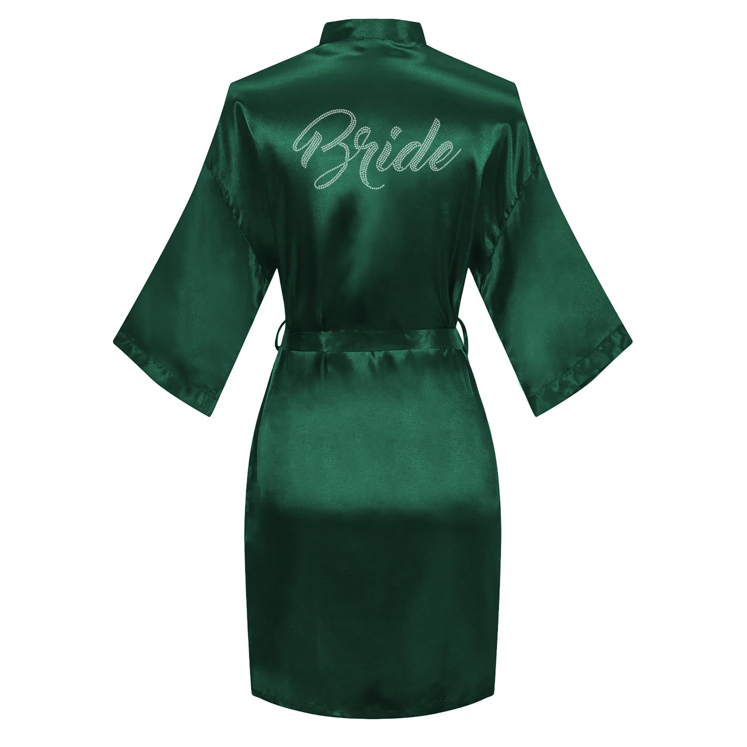 Women's Satin Robe Bride Bridesmaid Short Kimono Robes with Silver Rhinestones for Wedding Party Getting Ready