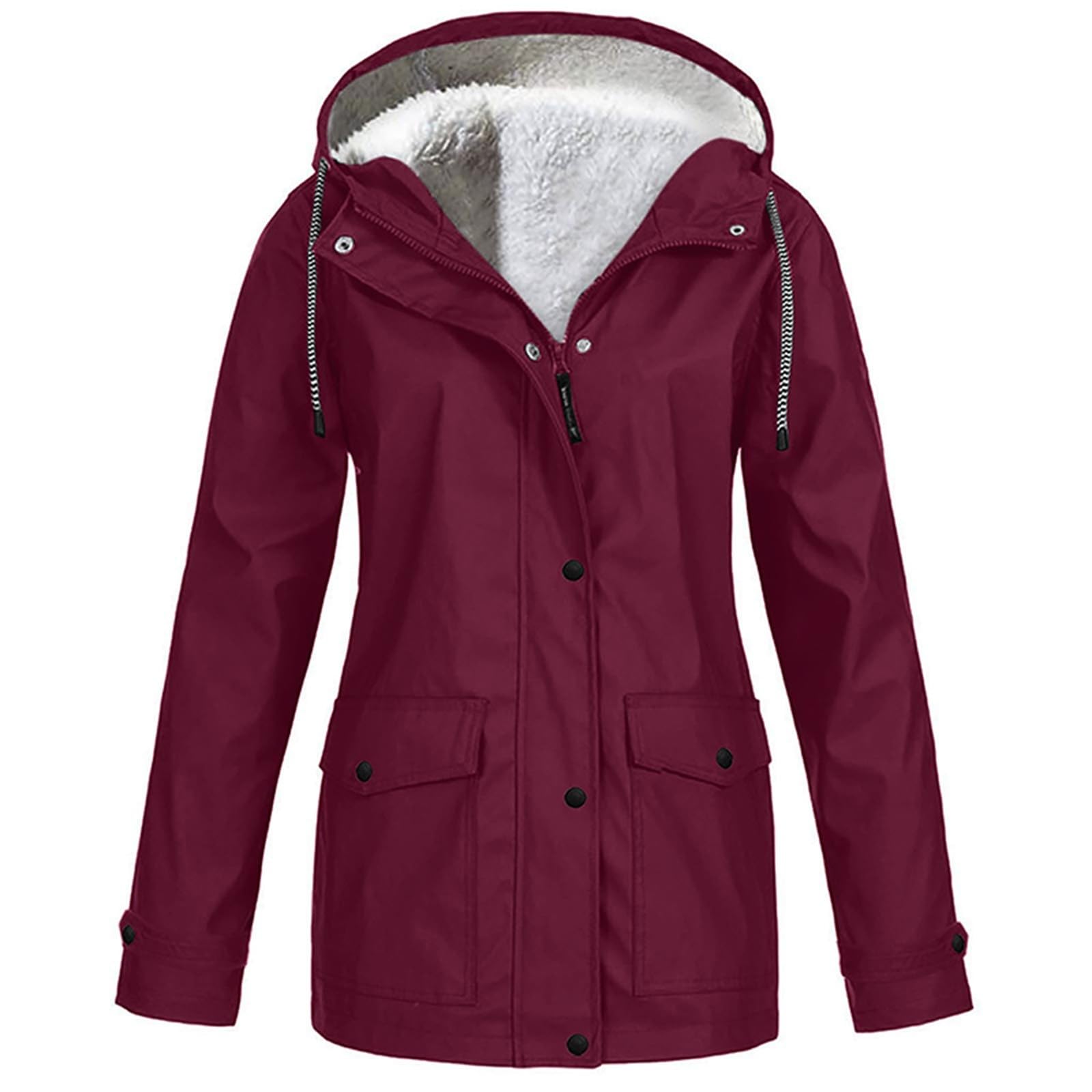 Generico Poncho Antipioggia,Giacca Casual Da Donna In Peluche Solido Bottoni Con Coulisse Da Esterno Cappotto Con Tasche Antivento Con Cappuccio Taglie Forti
