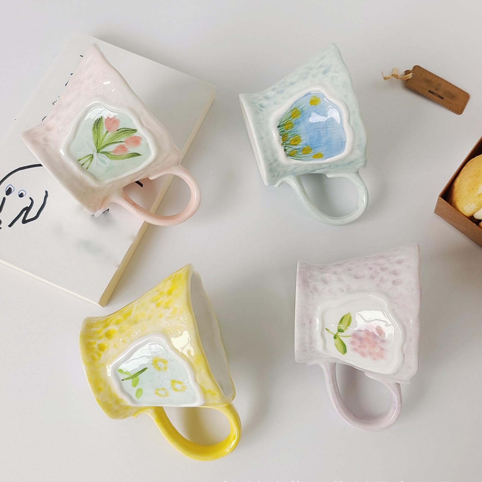 FfiMe Tazza da latte goffrata dipinta a mano, in ceramica, per caffè, tè, caffè, bicchieri, per donne, ragazze, amiche, matrimoni e feste, regali per signore (rosa, 4 pezzi)