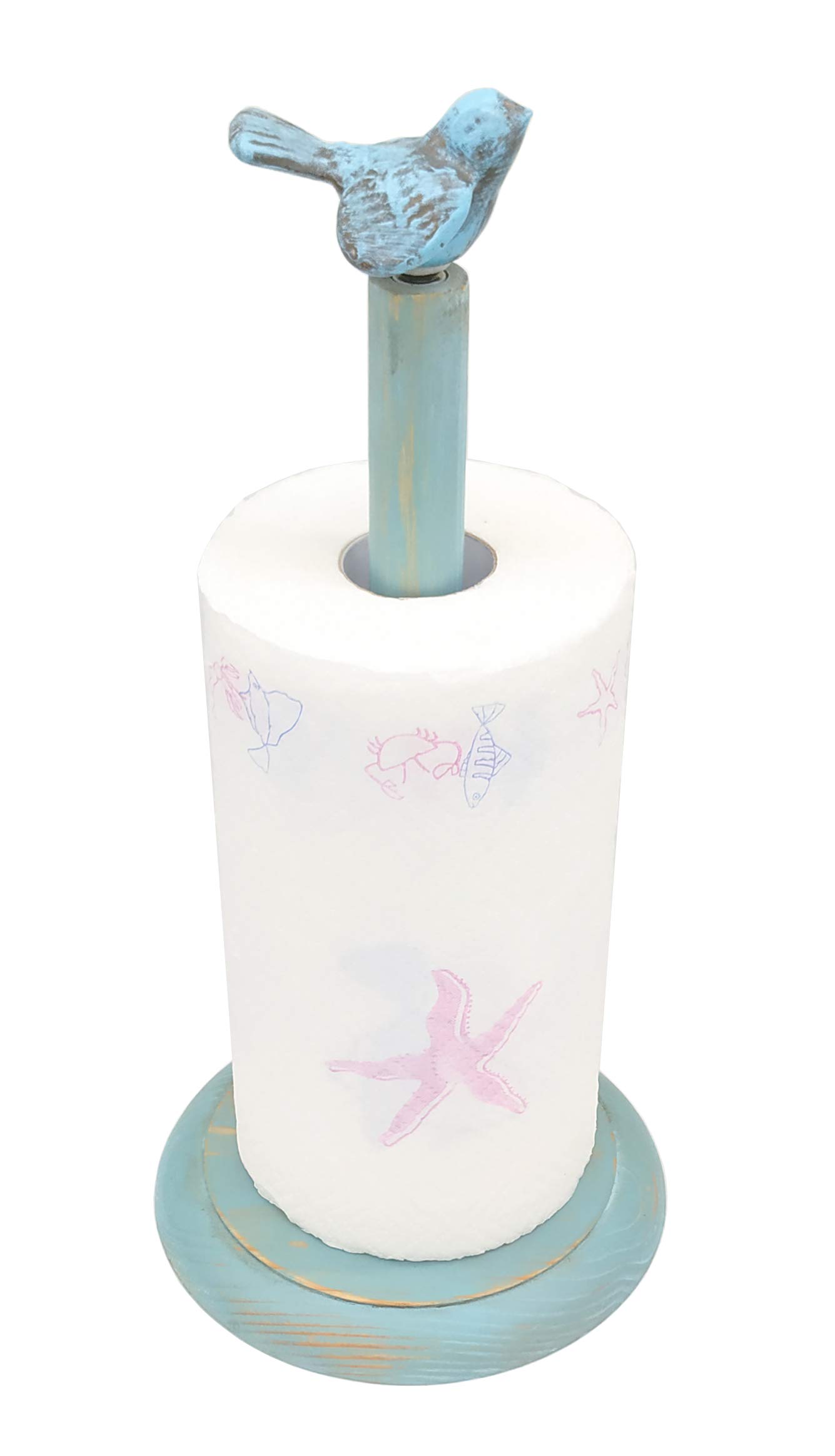 Soporte para toallas de papel de madera con diseño de pájaro, dispensador de toallas de papel de cocina fácil de rasgar con una sola mano con base pesada para rollos de toallas de papel estándar, 2