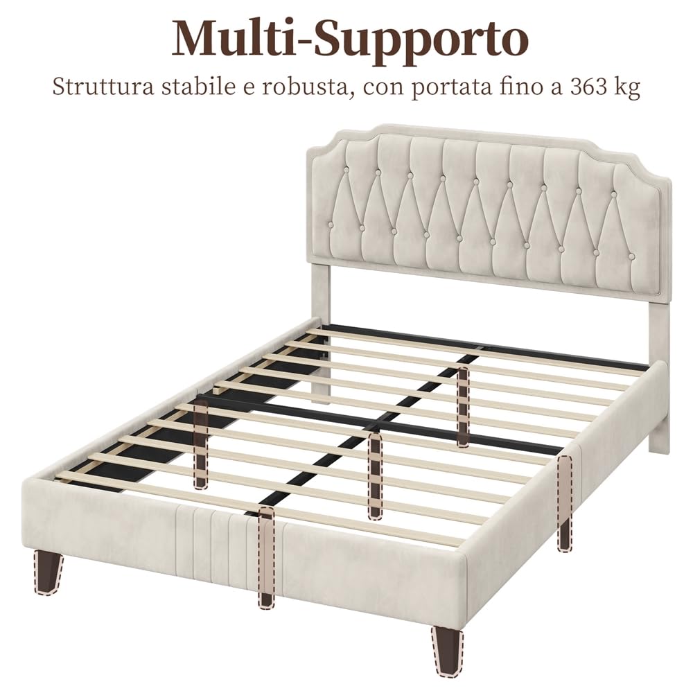 Yaheetech Letto Matrimoniale Imbottito 160 x 200 cm con Testiera Regolabile in Altezza Telaio con Rete a doghe in Legno e Metallo Beige