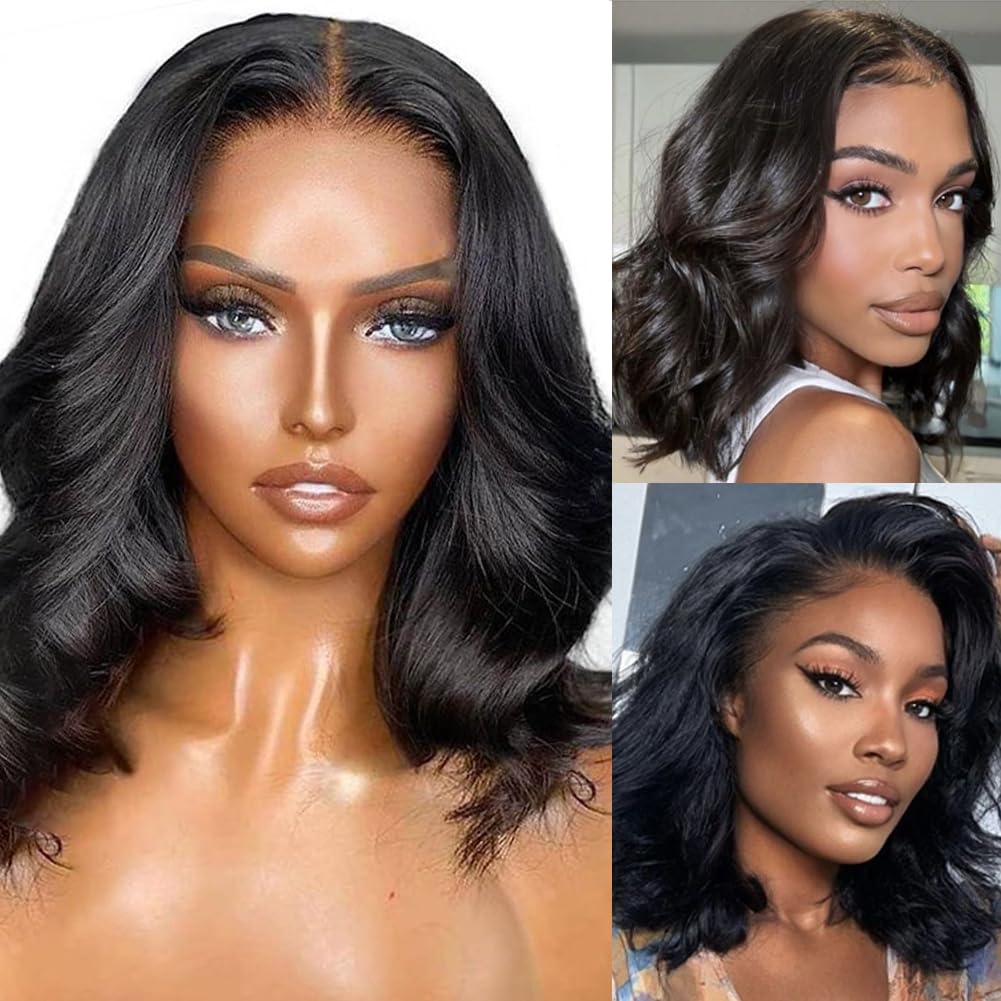 Wear and Go Glueless Wigs Human Hair Pre Plucked Pre Cut Body Wave Bob Wig for Black Women 4x4 Lace Closure Glueless Wigs Black Wig Bleached Knots 180% Density 12 Inch - Image 2