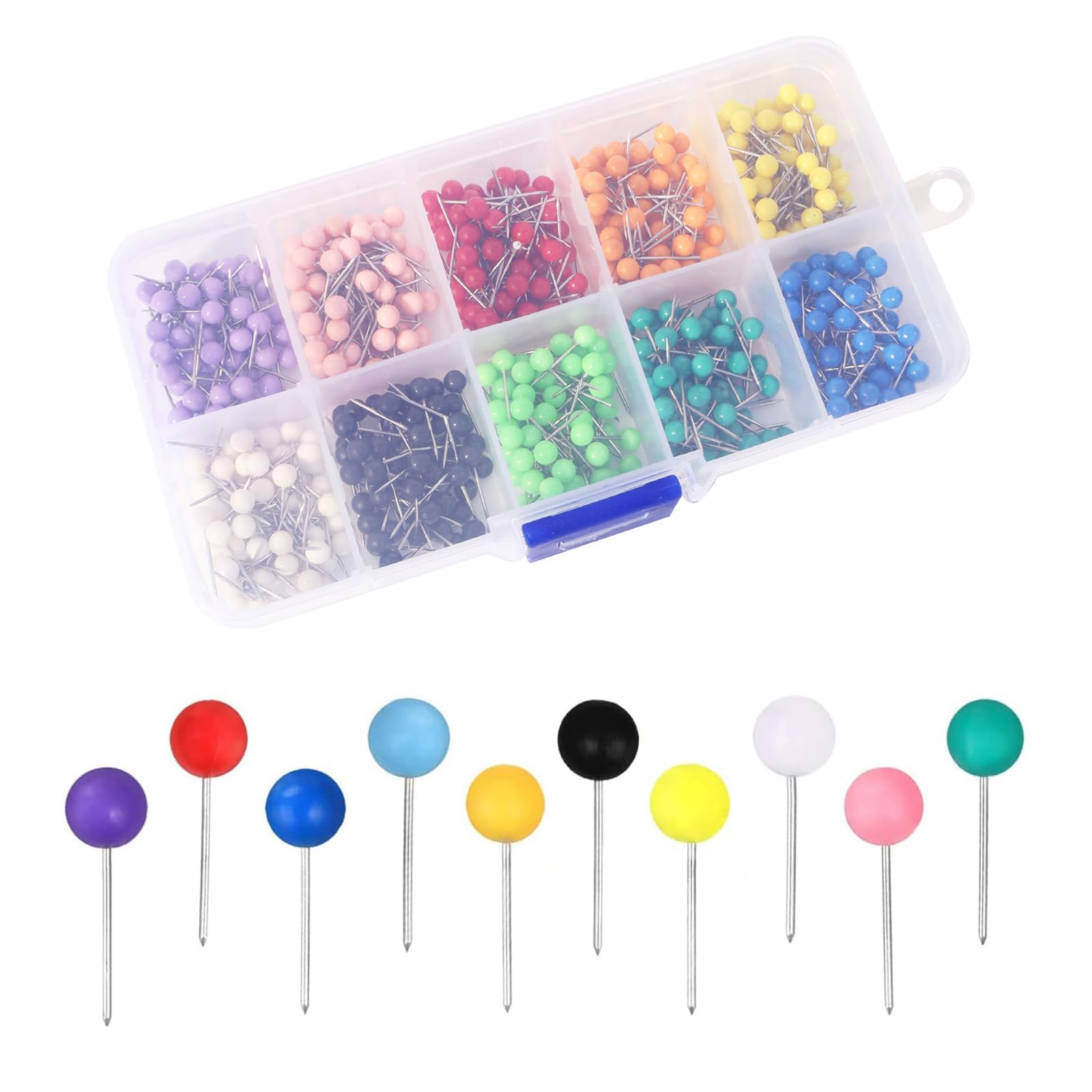 JEKUGOT 500 Pcs Map Push Pins - 10 Colors Map Tacks - 1/8 Inch Plastic Round Head Tacks With Steel Points, For World Maps, Cork Boards, Fabric Markers