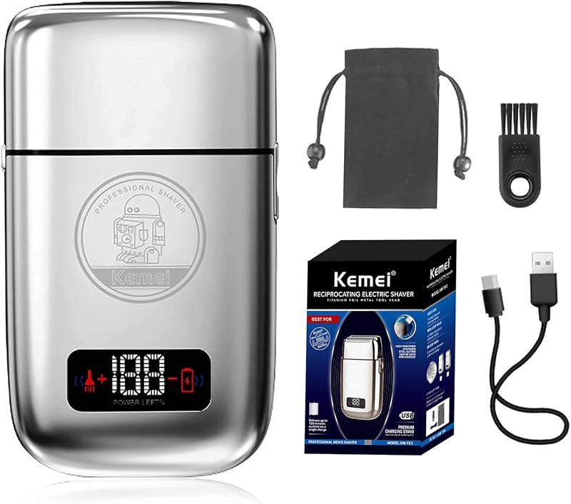 Barbeador elétrico KEMEI KM-TX3 rotativo sem fio com acabamento metálico, recarregável via USB-C, pacote com acessórios