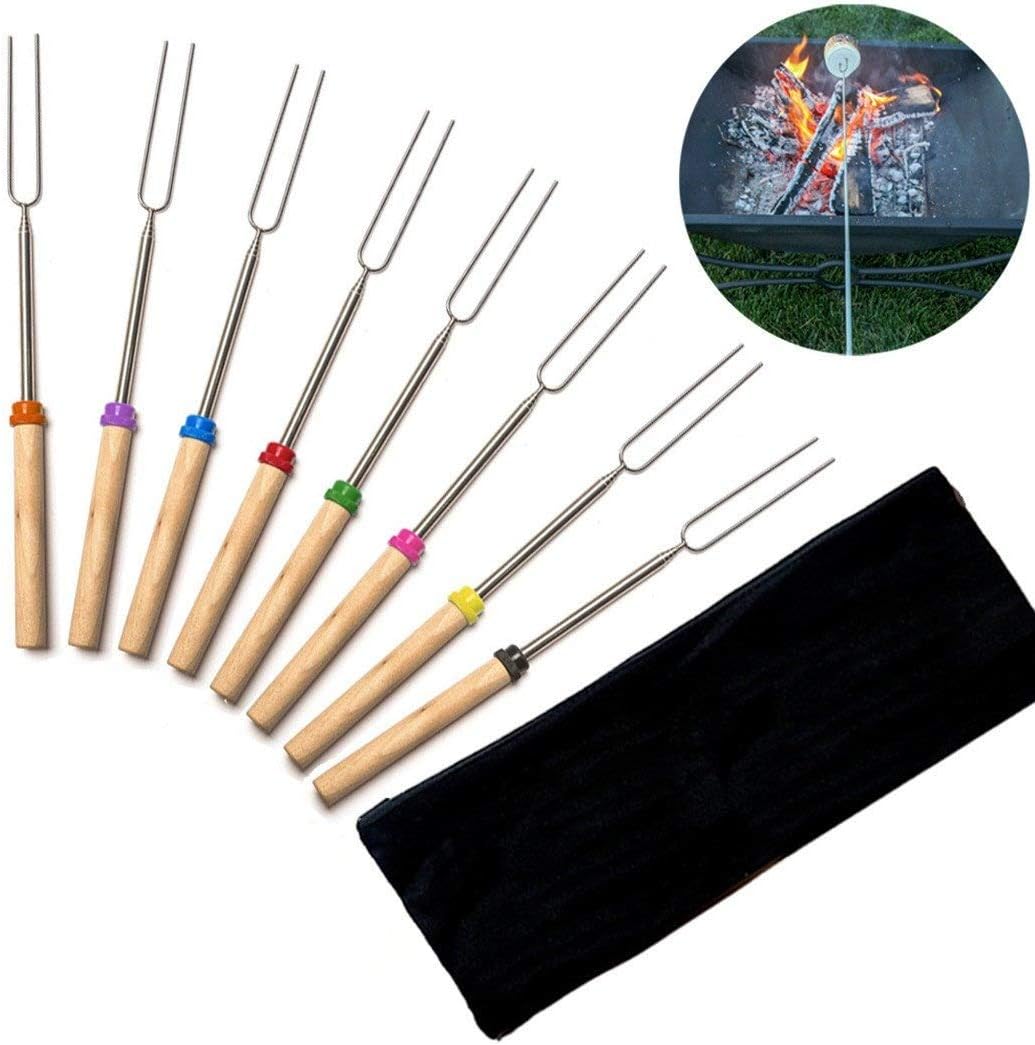 xuexpress Marshmallow Roasting Sticks Skewers for Cookies Hot Dog Fire Pit Camping Cookware Campfire Cooking 32" BBQ Extendable Forks Set of 8PCS