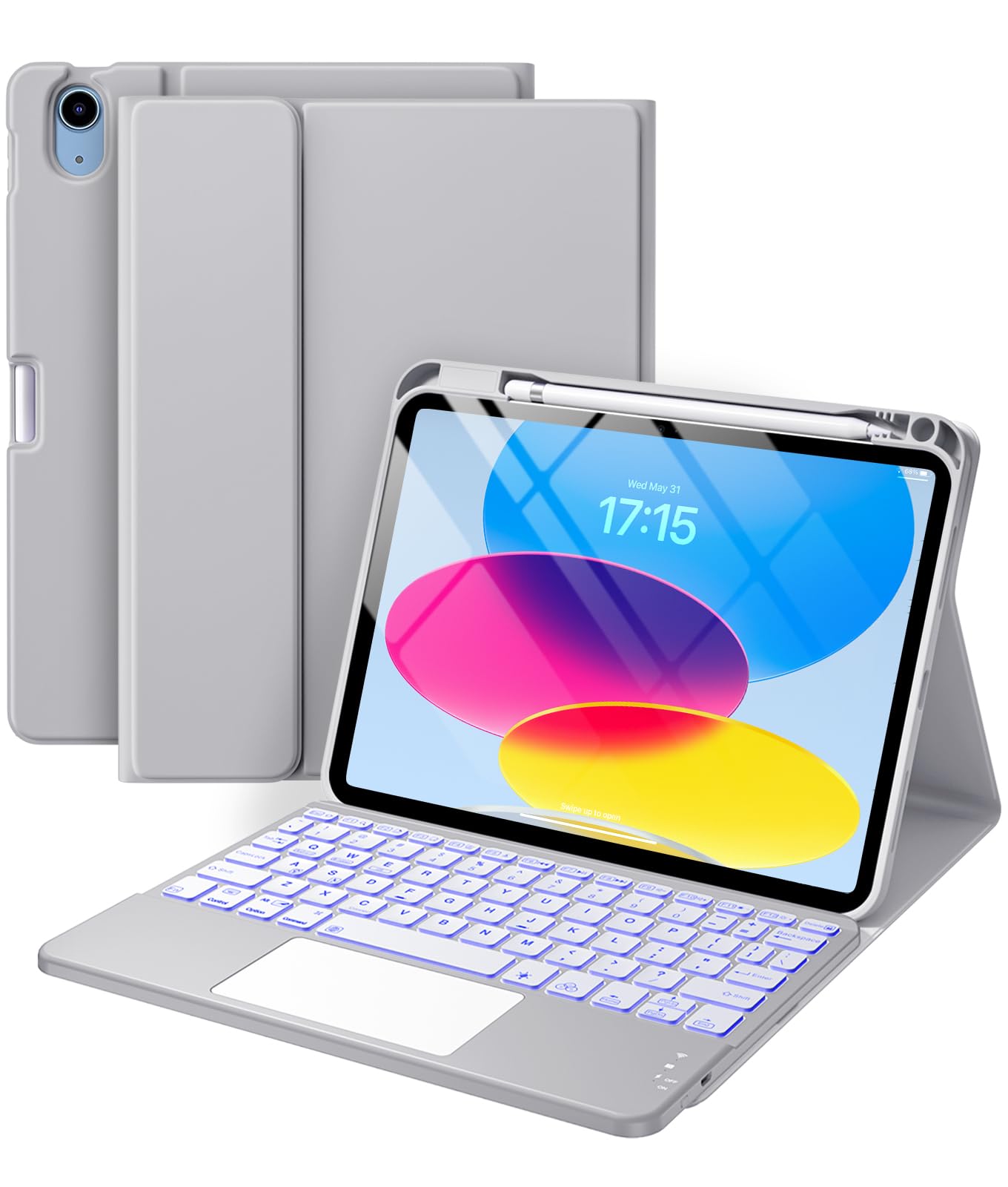 Compatible for iPad 11th 10th Generation Case with Keyboard, Folio Cover with Pencil Holder, Multi-Touch Trackpad, 7 Color Backlit, Detachable Keyboard for iPad (A16) 11th/10th Gen (Gray)
