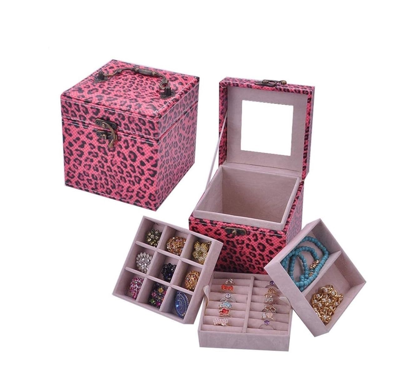 Pudełka na biżuterię z uchwytem w stylu retro Podróżny przenośny organizer na biżuterię Uchwyt na biżuterię Pudełko na organizery do przechowywania na biurku /96(Jewelry Box L)