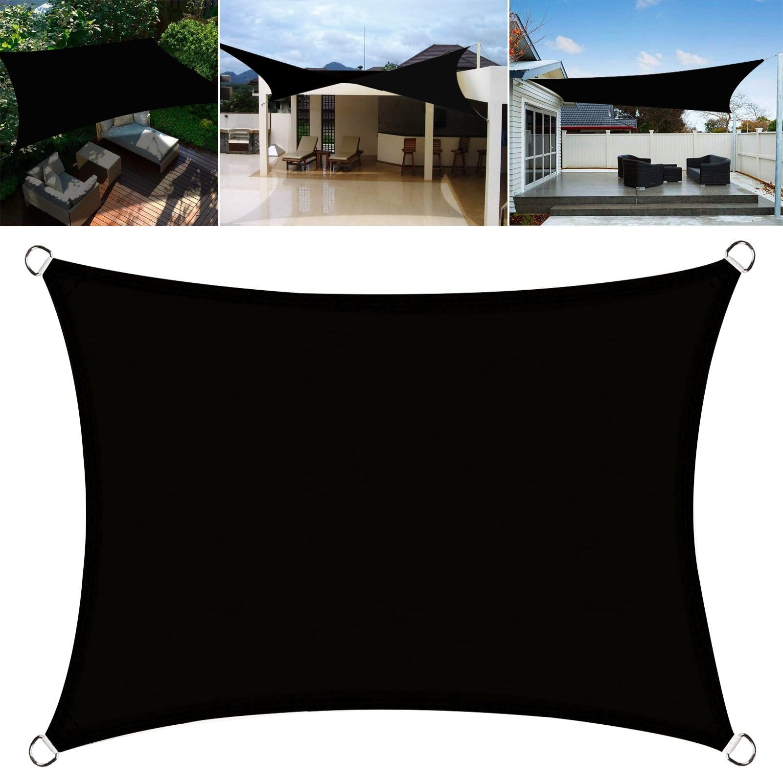 Voile d'ombrage rectangulaire imperméable 1.7 x 3.2 m de jardin polyester noir anti-UV balcon