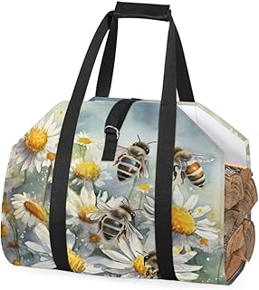 Honeybee Chrysanthemum Firewood Carrying Bag Firewood Log Tote Indoor Carrying Honeybee Bag Firewood Storage Bag Fire Log Rack Outdoor Fire Firewood Carrying Bag with Handles
