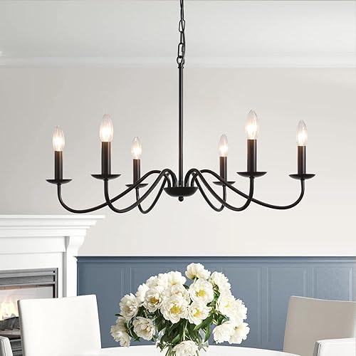 ADSENSTY Black Chandelier, 6-Light Rustic Industrial Iron Farmhouse Chandelier, Modern Candle Pendant Ceiling Light Fixture for Living Room, Foyer, Bedroom, Hallway, Kitchen Lighting Fixtures