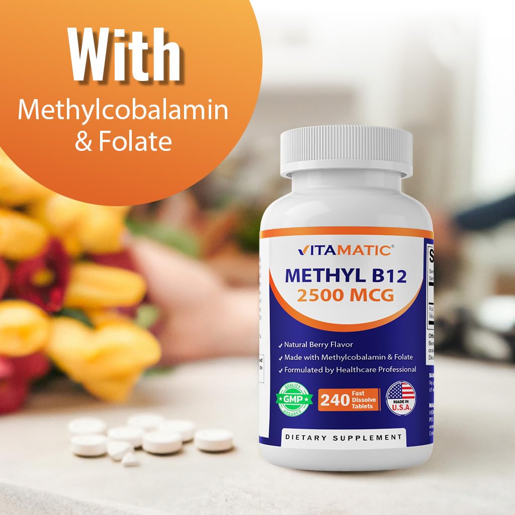 Vitamatic Methyl B12 2500 mcg with Folic Acid – Natural Berry Flavor – 240 Fast Dissolve Tablets – Methylcobalamin Vitamin B12 for Energy & Nervous System Support – Vegan & Non-GMO Supplement — Amazon image 7