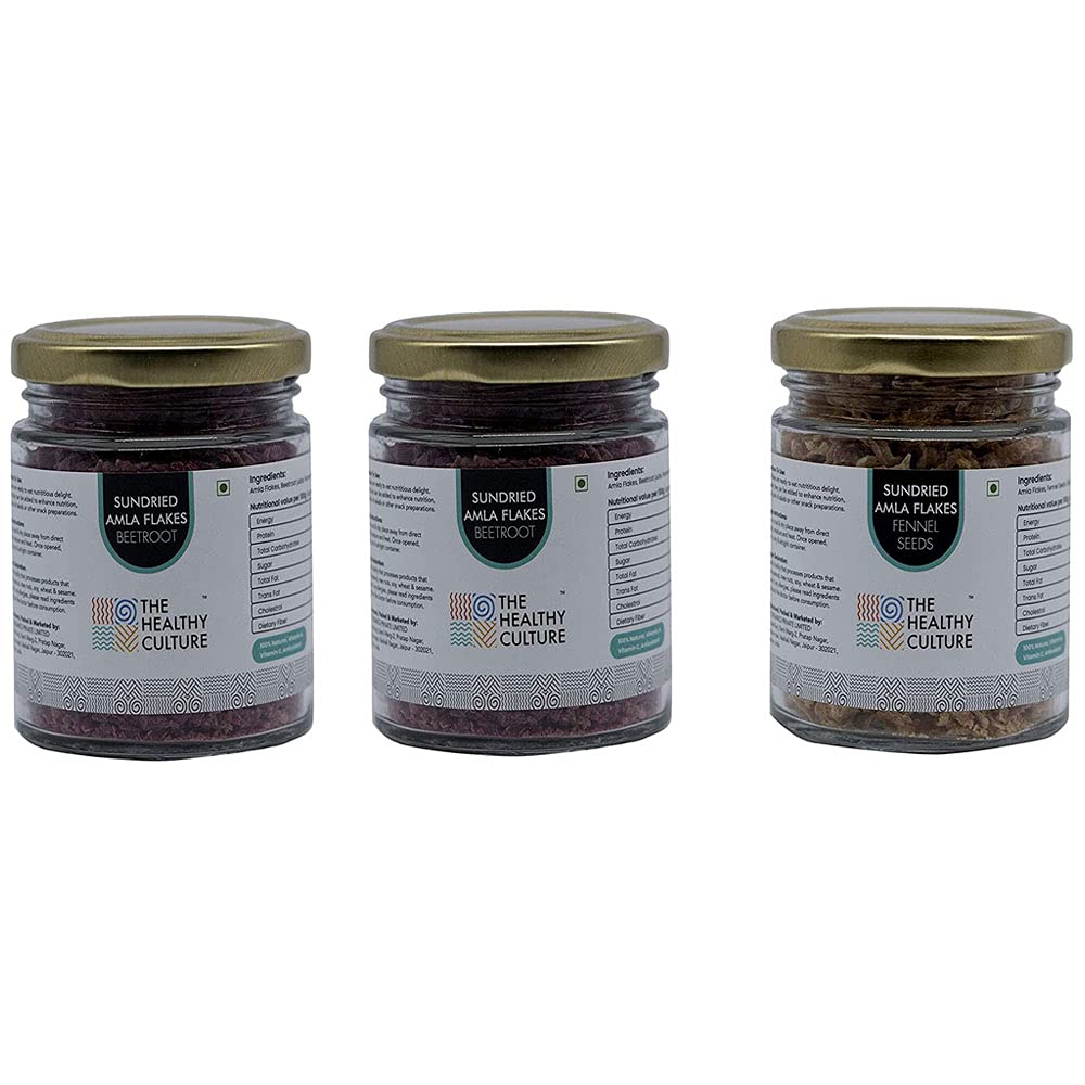 The Healthy Culture NATURAL IMMUNITY DELIGHT - Oil Free Sundried Flakes Of Amla & Beetroot Snack (Pack of 2) & Sundried Flakes Of Amla With Fannel Seeds (Pack of 1)
