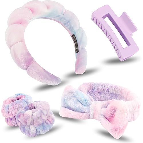 Canitor Spa Headbands Wrist Band Set with Hair Clip Skincare Headbands for Washing Face Non Slip Puffy Makeup Headband Wrist Towel Preppy Cute Teen Girl Birthday Gifts Trendy Stuff