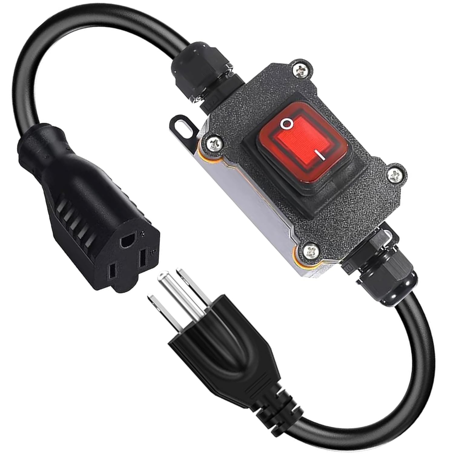 AWINLI Outdoor Extension Cable with Waterproof Switch,14AWG Specification 3-Plug Extension Cable AC 20A-125V,16A-250V Lnline Red LED Switch Ground