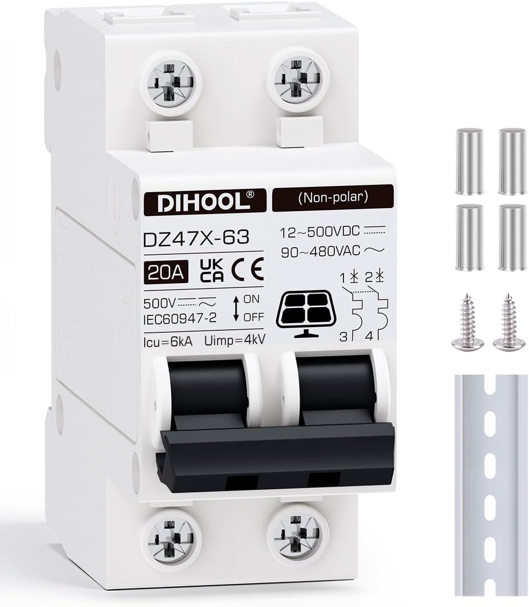 Solar Disconnect Switch, 20 Amp 2 Pole, DIN Rail Mount, Non Polarized, 12V 24V 48V 400V, AC/DC Circuit Breaker, RV Battery Isolator, PV Array MCB, Thermal Magnetic Trip