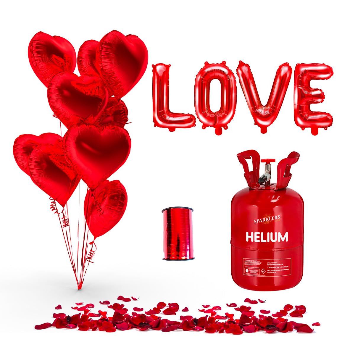 SPARKLERS CLUB MY VALENTINE RED HEART - Palloncini a forma di cuore rosso (x10) + bottiglia di Helium + 100 petali di rosa rossa + palloncino LOVE + nastro in amante, ideale per San Valentino