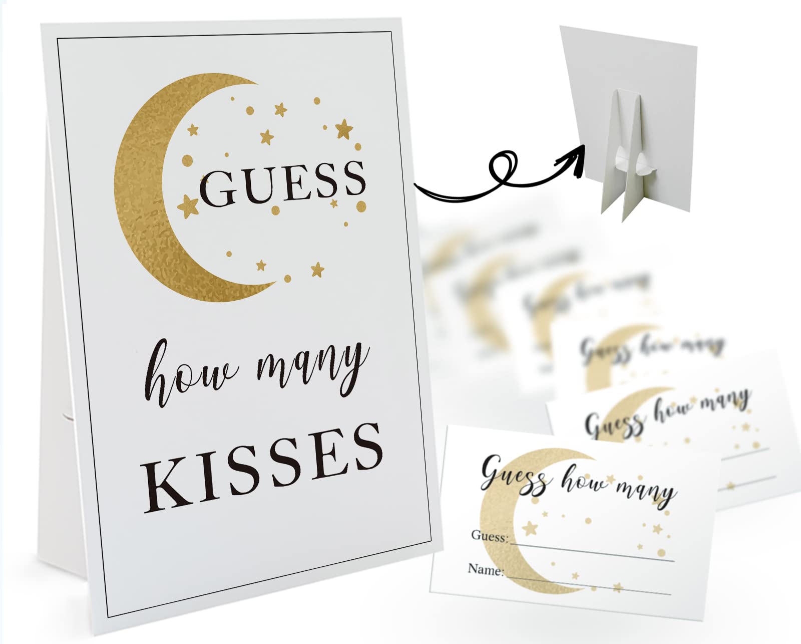 How Many Kisses are in The Jar Game-1 Standing Sign and 50 Guessing Cards, Golden Moon Bridal Shower Games, Baby Shower Sign, for Boys Girls Baby Shower Favors and Weddings Party Decoration-18