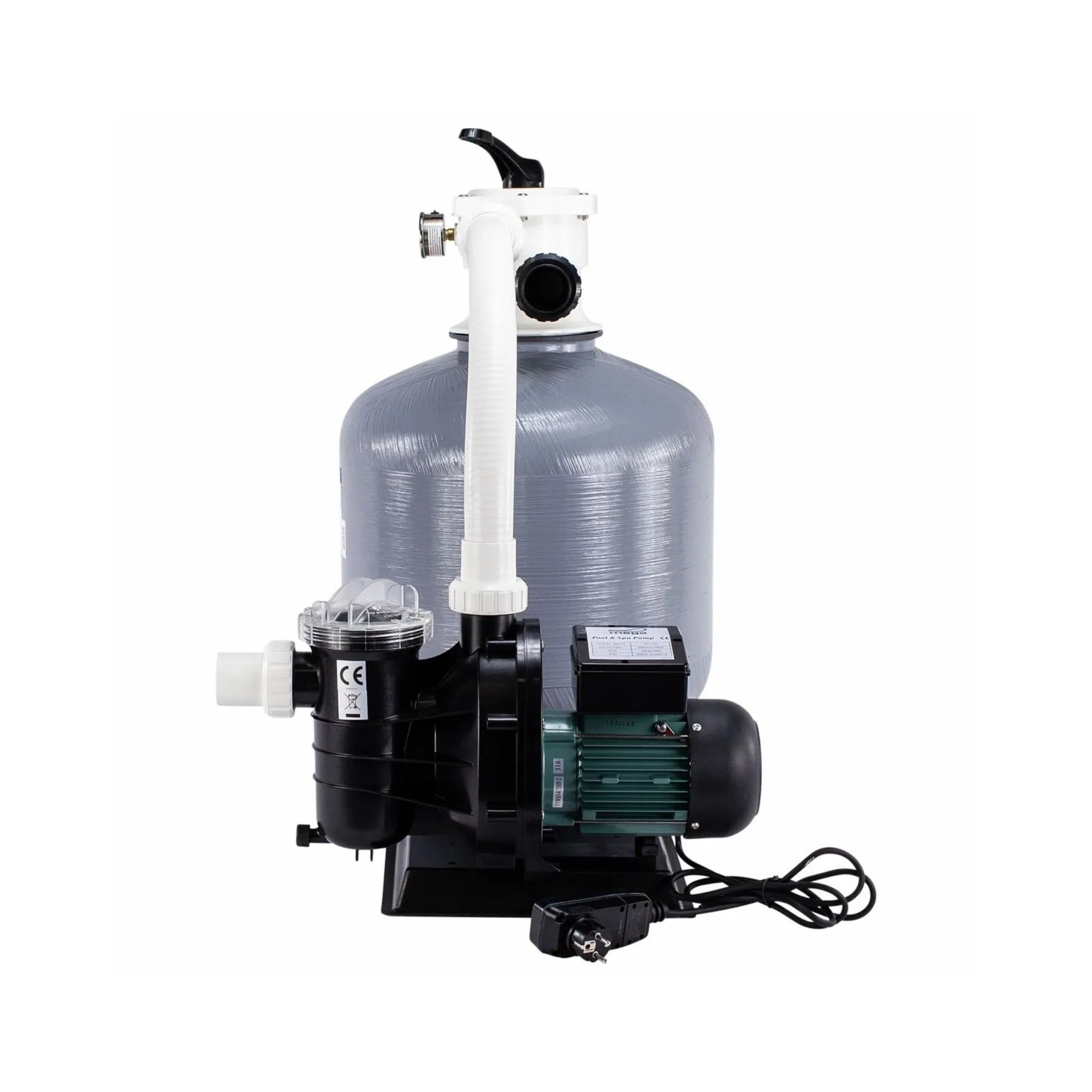 Impianto di filtraggio a sabbia FSF500, 11.100 l/h (11.1 m³/h), riempimento sabbia 85 kg, prefiltro, valvola a 6 vie, caldaia filtro da 535 mm, pompa per piscina da 230 V, per piscine fino