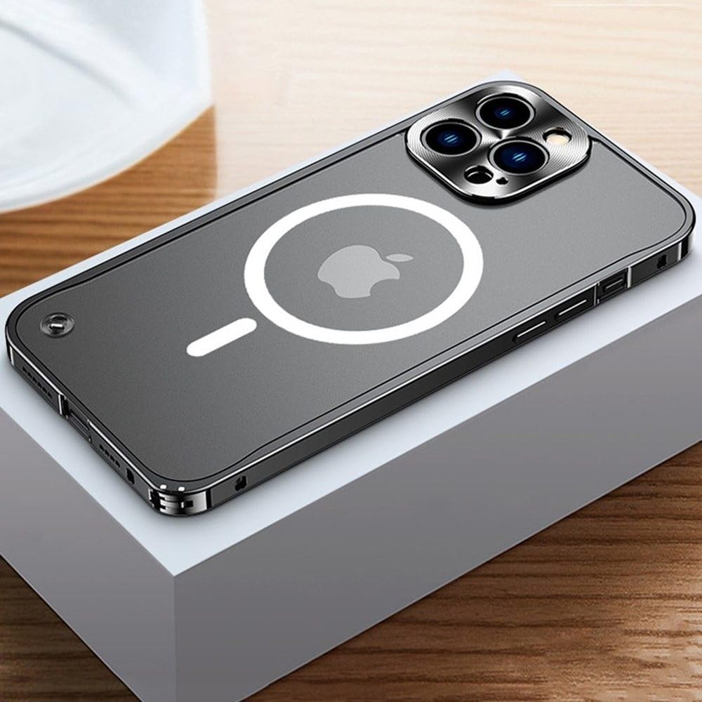 Fundas metálicas para iPhone 12, 13, 14, 15, 16, 17 Pro Max Plus con marco magnético de aluminio. Carcasa para iPhone 17 Air, 16 Plus, color negro magnético. También compatible con iPhone 11 Pro.