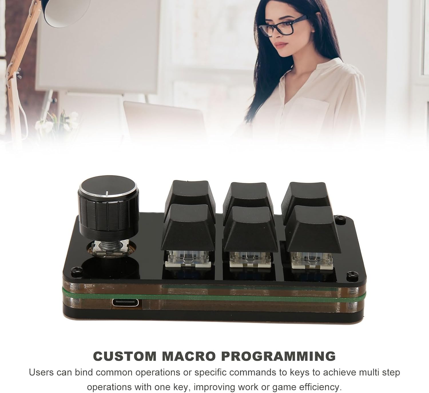 ASHATA Mini Keyboard in a work environment, illustrating custom macro programming