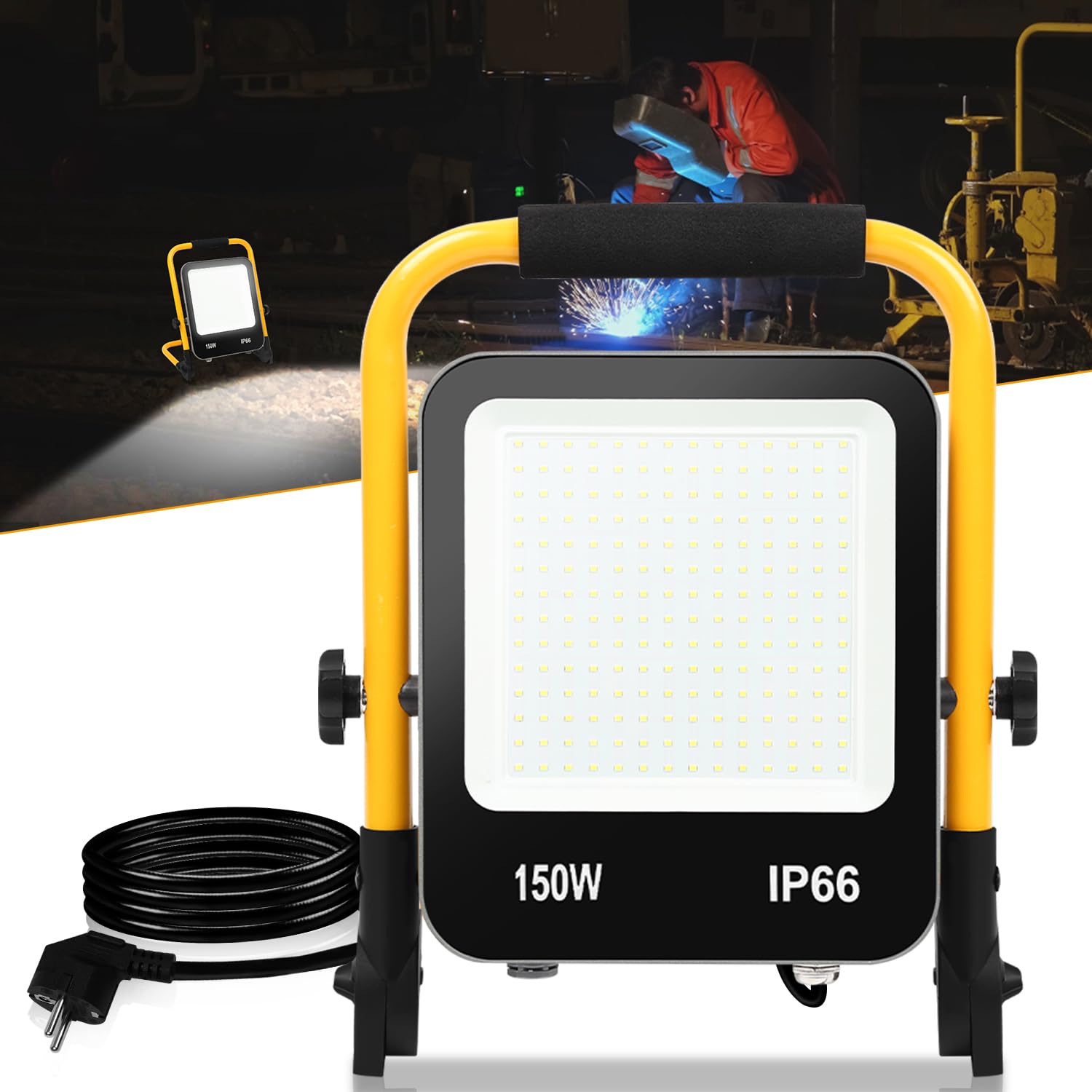 Reflektor budowlany LED 150 W 13000 lm x4, lampa robocza LED akumulator 6000 K światło dzienne białe światło dzienne, lampa LED na plac budowy z wtyczką, lampa na plac budowy z kablem 3 m,