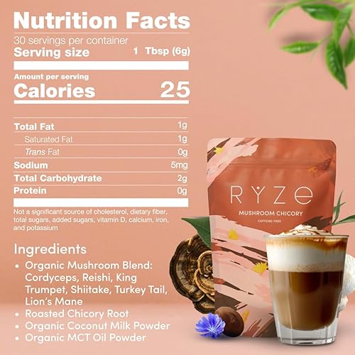 Miniatura 2 de RYZE SUPERFOODS Champiñones de achicoria con 6 hongos adaptogénicos orgánicos, café keto descafeinado con raíz de achicoria para energía,