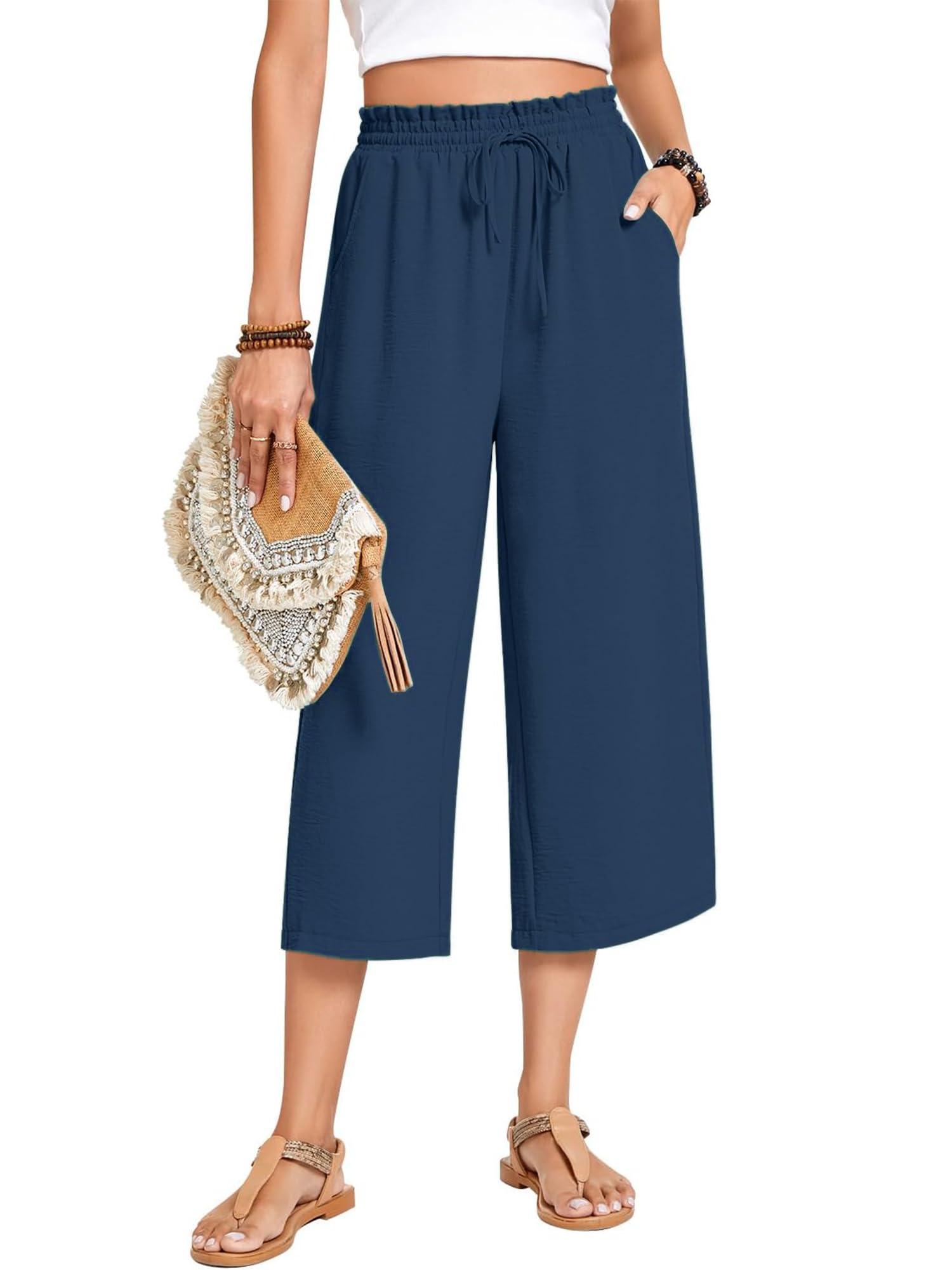 Womens Capri Pants Wide Leg High Waisted Lounge Pants Drawstring Casual Loose Palazzo Pants Trousers with Pockets Navy
