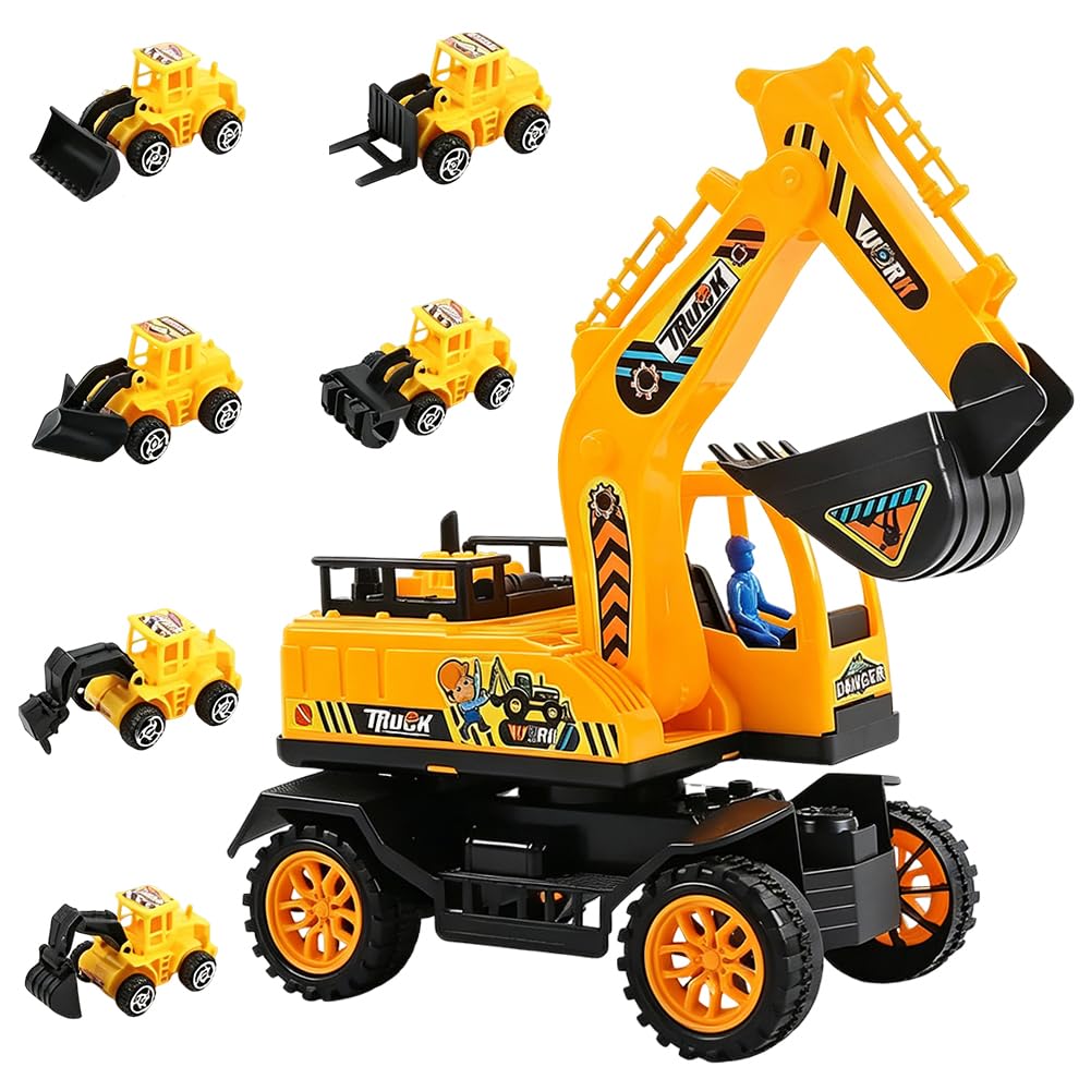 Construction Vehicles, Excavator Car Pull Back Racing Cars Friction Power Vehicle Construction Cake Decoration Tractor Vehicle Engineering Vehicles Set Cars Model for Party Decoration(Yellow)