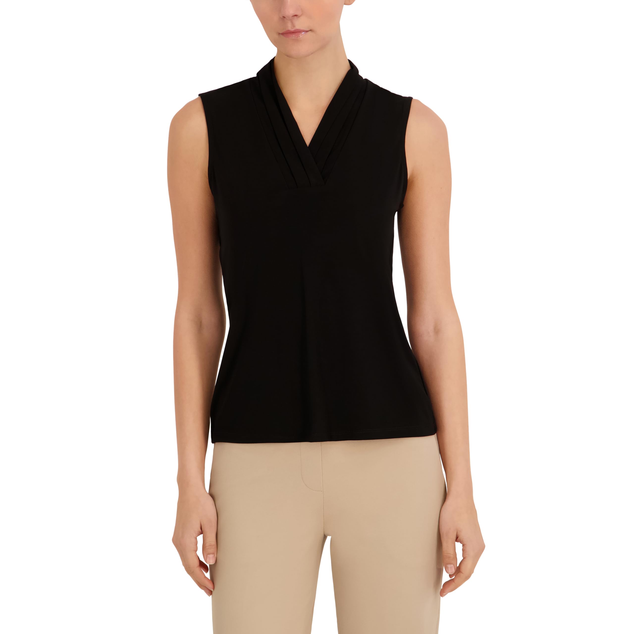 Anne Klein Womens Pleated V-Neck Shell, Black, M