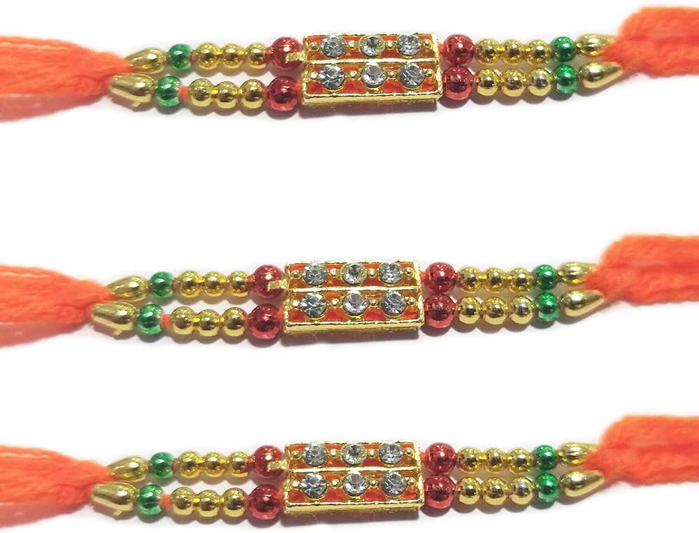 WhopperIndia Set of 3 Center Six Small Diamond Traditional Rakshabandhan Rakhee Bracelet Color and Design May Vary