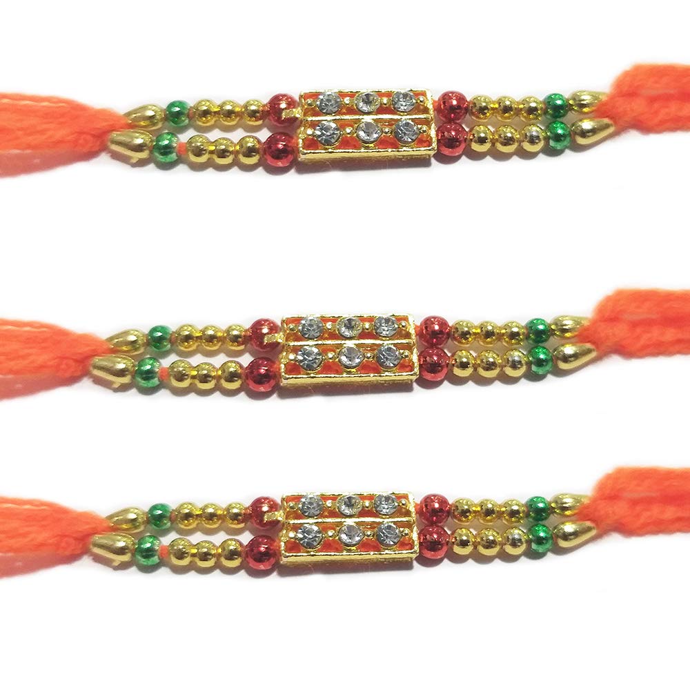 WhopperIndia Set of 3 Center Six Small Diamond Traditional Rakshabandhan Rakhee Bracelet Color and Design May Vary