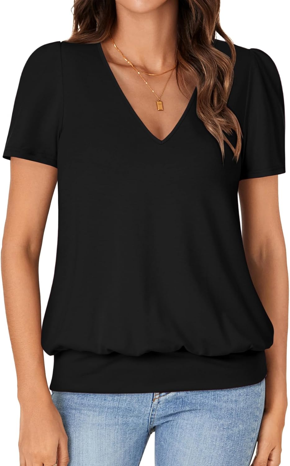 KIFOVEN Women’s Casual Short Sleeve V Neck T Shirt Summer Banded Bottom Loose Fit Tunic Tee Shirt Top - Image 2