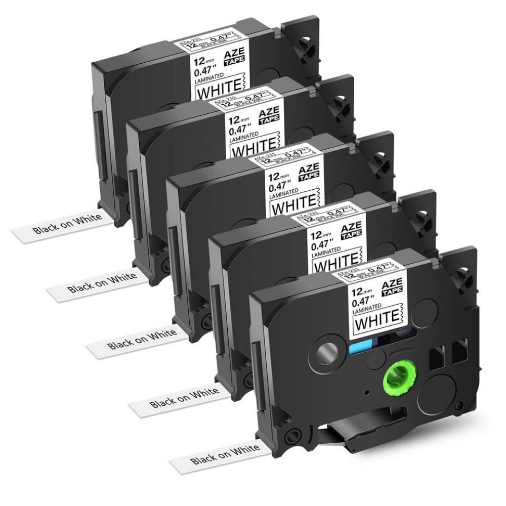 Lot de 5 rubans d'étiquettes laminés standard AZE-231 de 12 mm compatibles avec les imprimantes TZ TZe-231 - Noir sur blanc