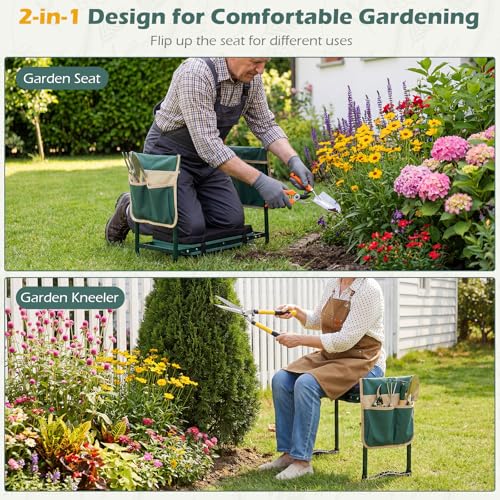Image of 2-in-1 Garden Kneeler and Seat, Folding Garden Seat w /EVA Foam Kneeling Pad & Removable Tools Pouch, Sturdy Steel Frame, No Assembly, Portable Heavy Duty Garden Stool for Women Men Seniors