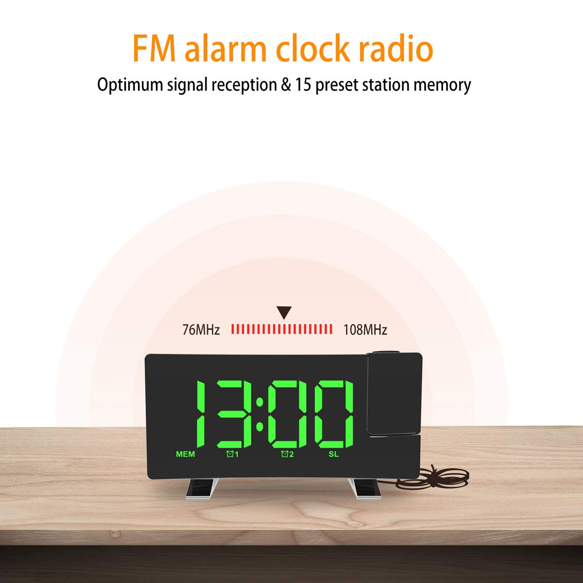 ALLOMN Reloj Despertador de Proyección, Reloj Despertador Digital FM Radio con Pantalla Curva/Proyección de Tiempo/Proyector Ajustable/Posponer/Alarmas Dobles/Puerto de Cargador USB/12/24H (Verde)