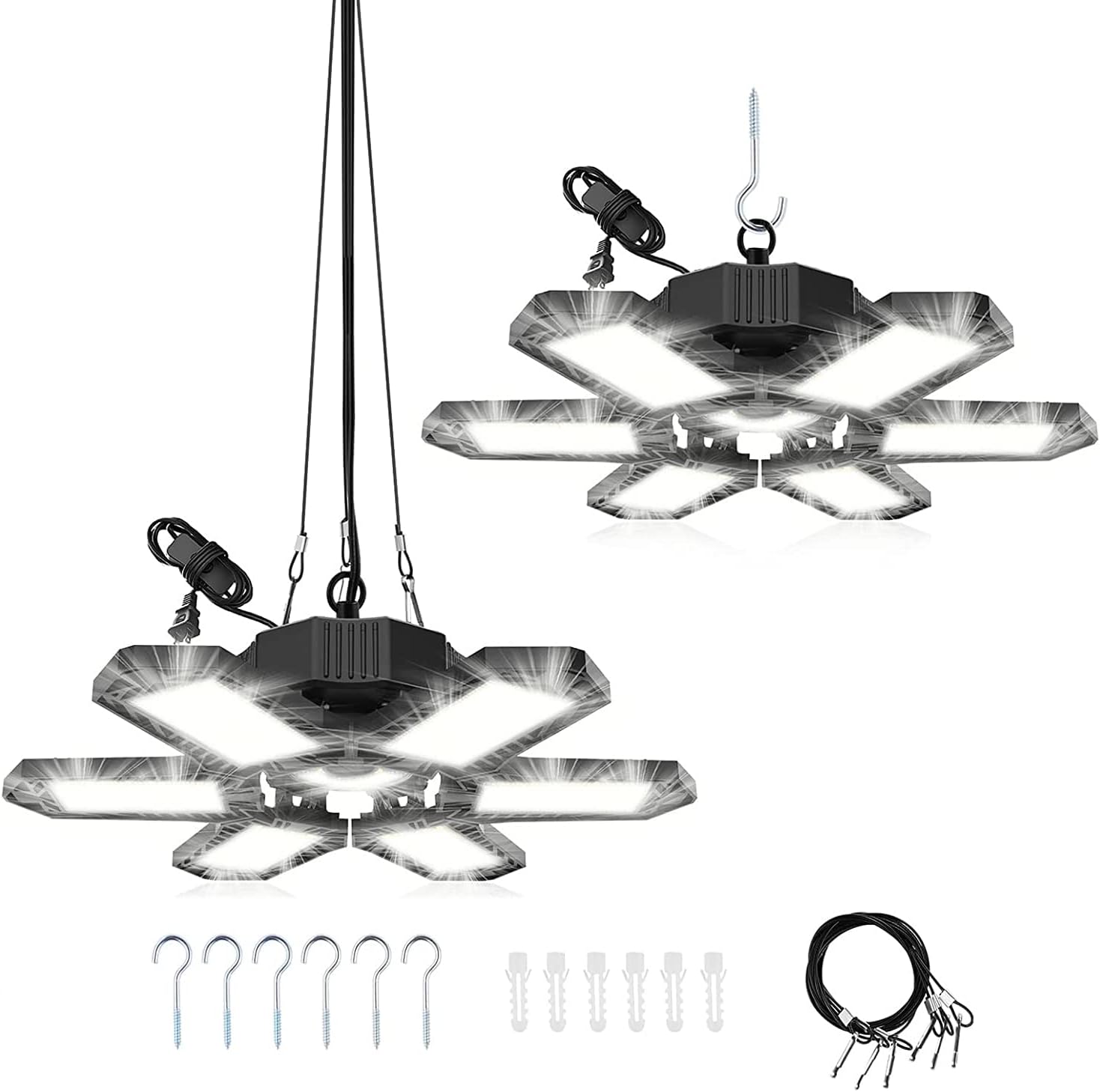 FAMURE Garage Light,2 Pack 185W LED Garage Lights Plug in,Black Hanging Shop Light Linkable with