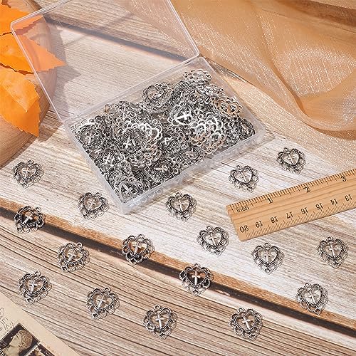 SUNNYCLUE 1 Box 100Pcs Cross Charms Bulk Mini Cross Beads Tibetan Style Antique Silver Heart Love Charm Vintage Flower Shaped Hollow Crucifix for jewellery Making DIY Craft Supplies - Image 3