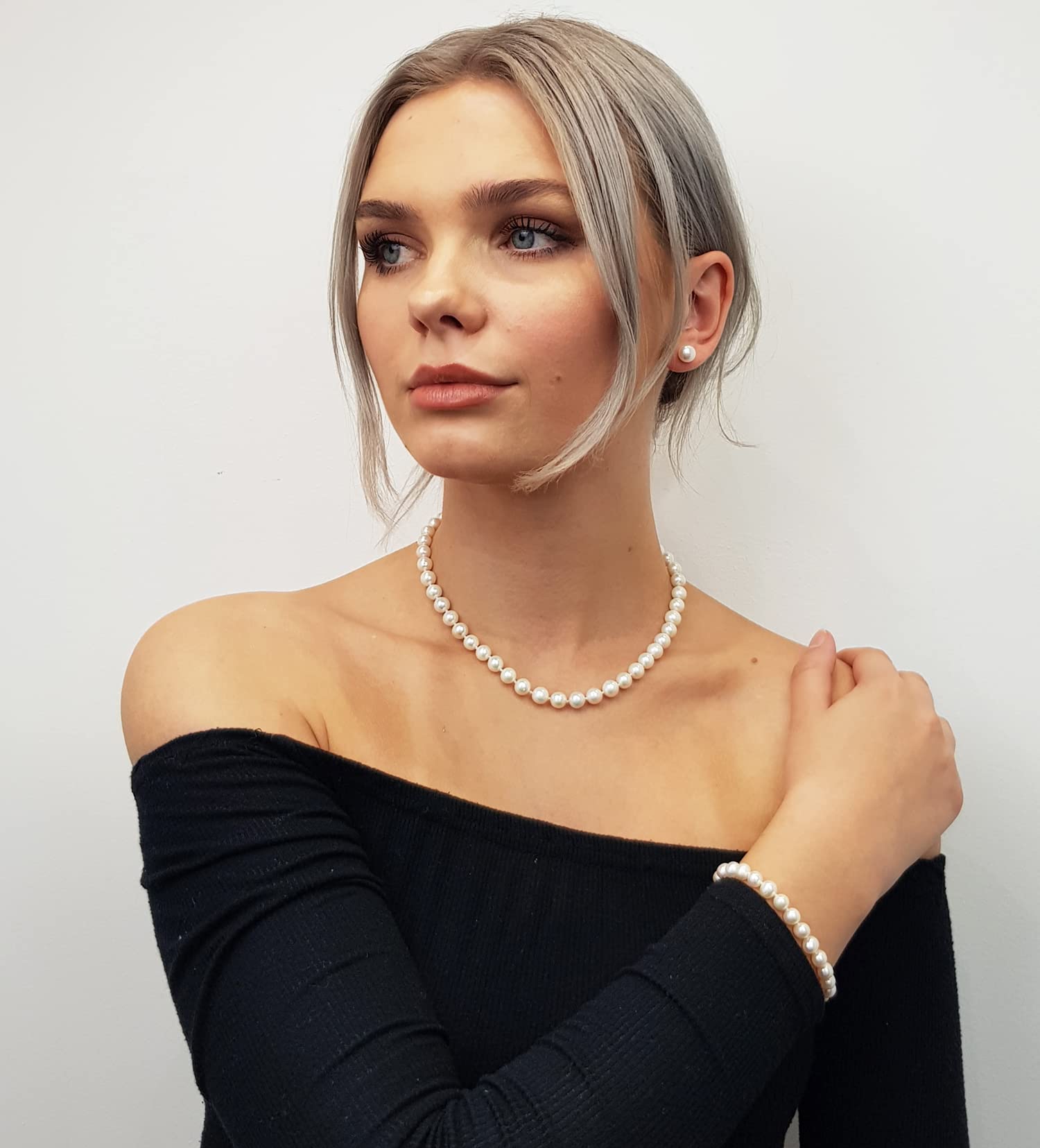 Treasure Bay Atemberaubende Halskette mit natürlichen weißen Süßwasserperlen der Güteklasse AA 8–9 mm, für Damen und Mädchen, 8.5-9.0mm, Perle, Perle