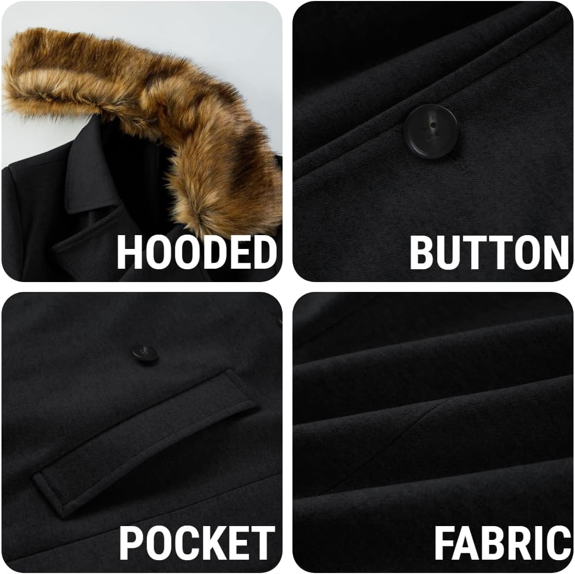 PASLTER Men's Winter Trench Overcoat Removable Faux Fur Collar Top Coat Double Breasted Business Long Pea Coat
