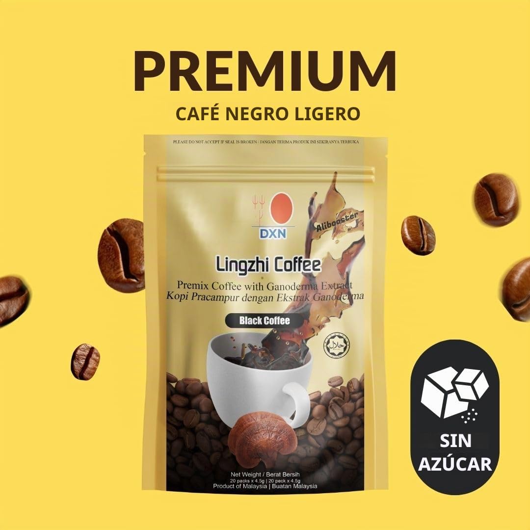 Alibooster DXN - Café negro Lingzhi sin azúcar - Original - Ganoderma Reishi - 20 sobres x 4,5 gramos