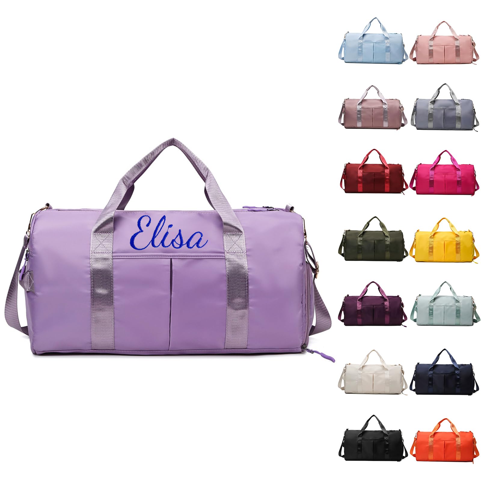 Personalized Gym Bag - Embroidered Travel Duffle With Trolley Sleeve, Waterproof Sports Bag With Shoe Compartment for Women, Weekender Overnight for Hospital and Swimming (Light Purple)
