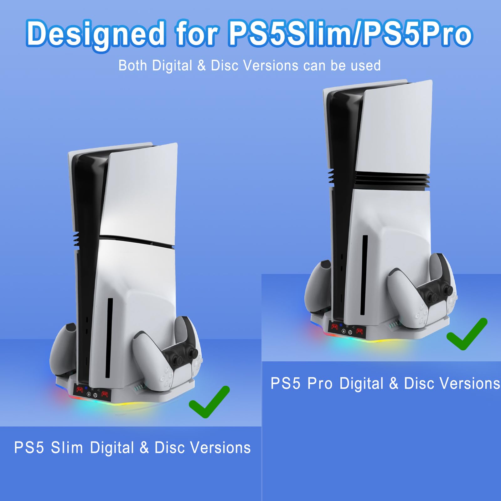 PS5 Pro/PS5 Slim Ständer mit PS5 Controller Ladestation, PS5 Vertikale Ständer mit 3 Stufig Lüfter Kühlventilator Ladestation mit 2 Gleichzeitiges Laden von drei Geräten, Zubehör für PS5 Pro/PS5 Slim